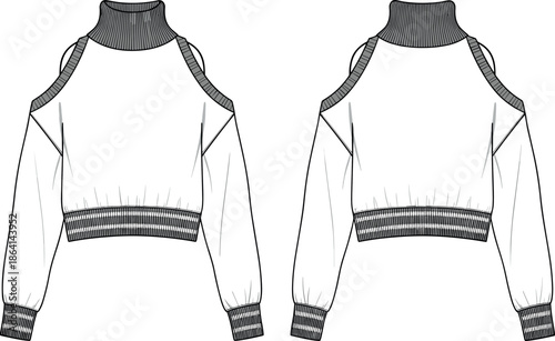 Women's Cold Shoulder Turtleneck Cropped Sweatshirt Technical Fashion Vector Illustration with Ribbed Trim Details for Apparel Design and Manufacturing CAD