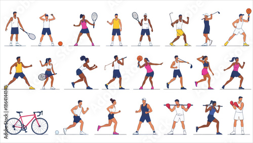 Vector illustration bundle of cheerful men and women performing various sports activities. Isolated on a white background in flat cartoon style..