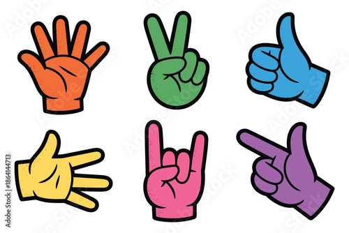 Trendy Hands, playful cartoon hand gestures with peace sign, thumbs up, rock on, and pointing fingers in Y2K retro halftone vector illustration style.