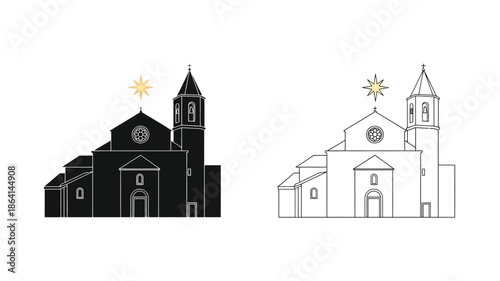Stylized illustrations of church buildings with star details black and white