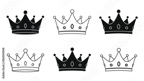 Black and white illustration of several different crown designs arranged neatly