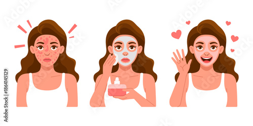 A sequence depicting a woman undergoing a skincare routine, illustrating the transformative process from struggle to confidence, emphasizing self-care and personal growth.