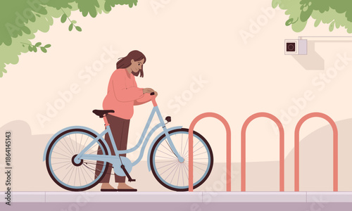 A woman is interacting with her bike at a vibrant bike rack in an urban setting, showcasing a relaxed atmosphere and the importance of cycling for transportation.