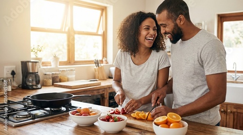 Warm lifestyle photo of a diverse couple making breakfast together in a bright kitchen with soft morning light