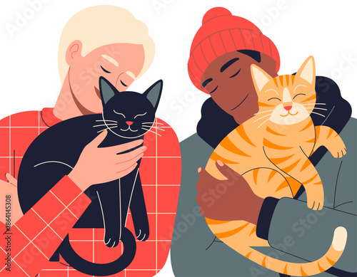This heartwarming illustration depicts two individuals holding their beloved cats, radiating joy and affection that captures the essence of companionship and love for pets.