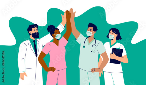 A diverse group of healthcare professionals celebrate their teamwork with high-fives, symbolizing collaboration and care in a medical environment with face masks on.