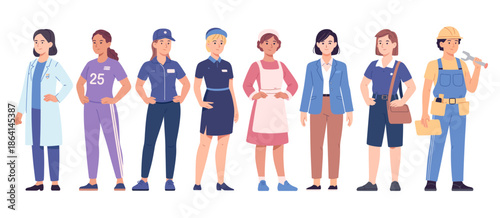 A group of diverse women showcasing different professional outfits, highlighting empowerment, career diversity, and the importance of representation in various fields of work.