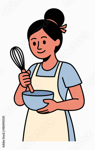 A cheerful woman in a blue shirt and apron whisks ingredients in a bowl, symbolizing the joy of cooking and the creativity found in the culinary process at home.