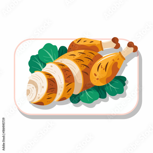 A beautifully cooked roast chicken presented on a white plate, accompanied by fresh greens, creating an appetizing meal display for food lovers and chefs alike.