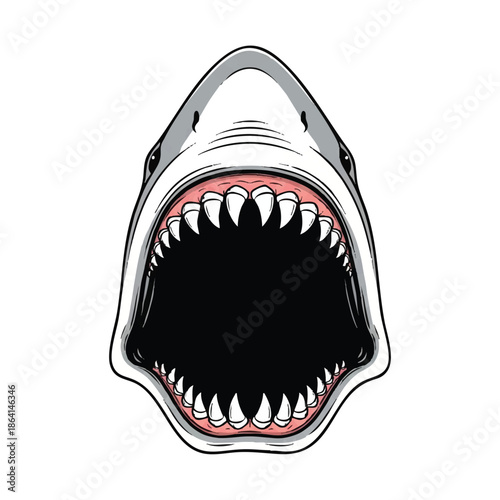 A menacing shark mouth, presented as a vibrant flat 2D artistic vector illustration, clearly functions as a powerful danger warning sign isolated on a clean white background.