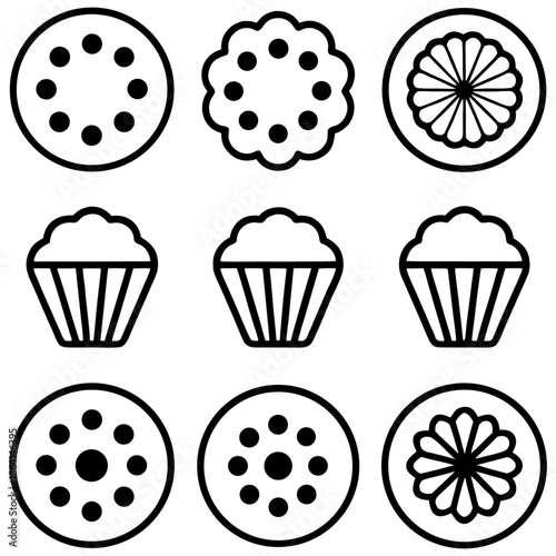 Assorted cupcake and cookie icons isolated on transparent background