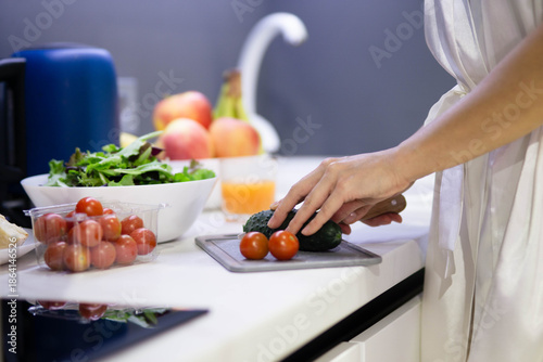 Bilde på lerret Close up shot of female hands preparing breakfast in kitchen