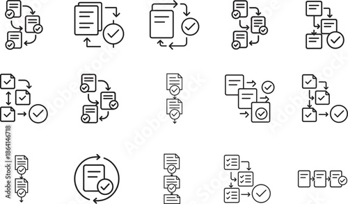 Multi-step approval workflow outline set with arrows and ldocument icons for business process and management systems.