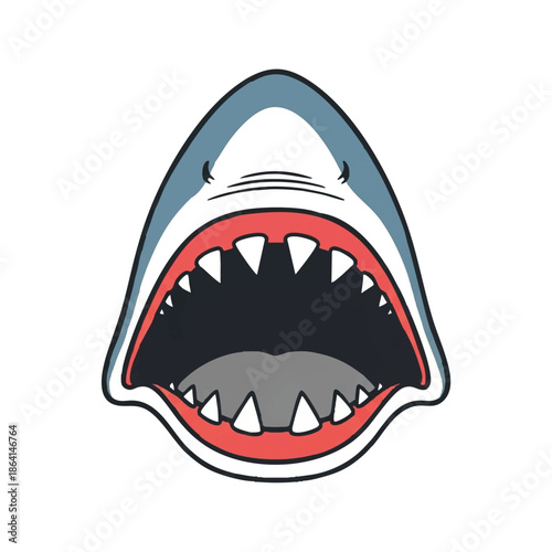 Flat 2D vector illustration depicting a simple, threatening shark mouth warning sign, symbolizing maritime danger and the aggressive sea predator concept, isolated cleanly on white.