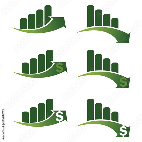 Finance Trend Icons Clipart – Green Bar Charts with Dollar Arrows Showing Growth and Decline on White Background