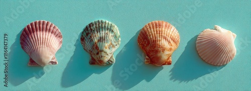 Four scallop shells against a teal background