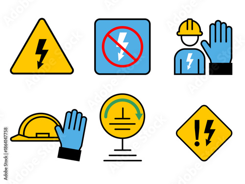 Electrical Safety Icons and Flat Illustrations Set