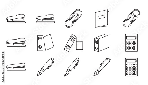 Office supplies icons including staplers, paper clips, binders, calculator, and pens.