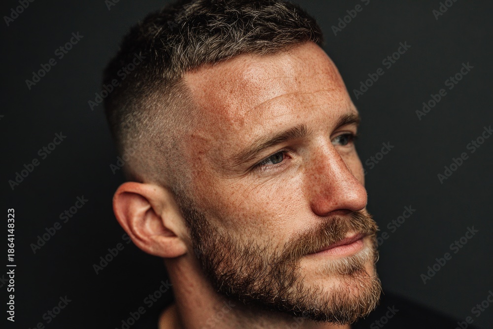 Obraz premium Man with beard, short hair, and freckles showing a detailed headshot portrait