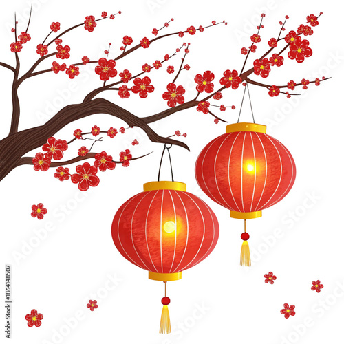 Two illuminated chinese lanterns hanging from blooming plum blossom tree branches