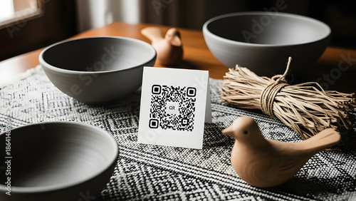 Cozy table setting with QR code on card and wooden decor