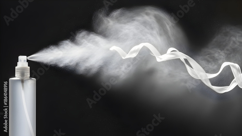 Silver spray bottle emitting a stream of white mist and ribbon