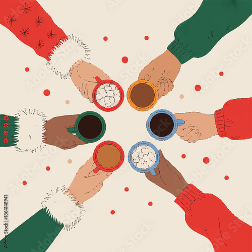 Diverse Hands Holding Hot Drinks Winter Holiday Gathering Illustration