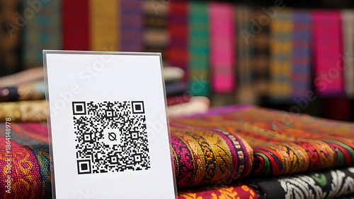 QR code on colorful fabrics in a textile store for easy shopping