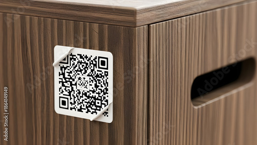 QR code on modern wooden cabinet with handle