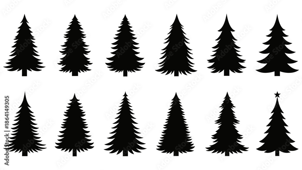 Obraz premium Collection of Pine Tree and Christmas Tree Silhouettes on Isolated White Background