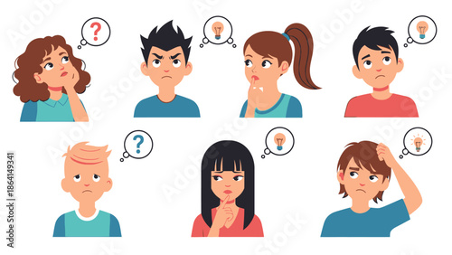 Diverse Group of People Expressing Confusion, Anger, and Having Ideas on Isolated White Background