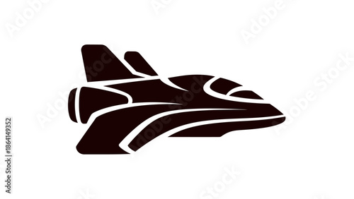 Stylized Black Spaceship or Jet Plane Icon on Isolated White Background