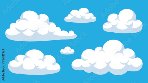 Fluffy White Cartoon Clouds Floating in a Bright Blue Sky Background