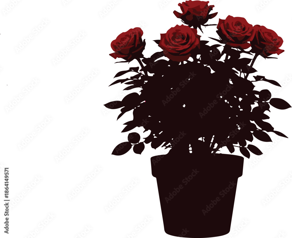 Obraz premium A potted plant with vibrant red roses and lush green leaves on a white background