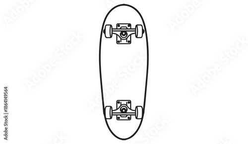Vector illustration of a skateboard with wheels and trucks, black line art on white background