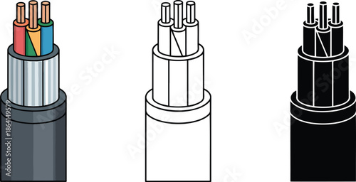 Electrical cable silhouette & Outline and illustration set isolated on transparent background