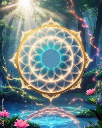 Beautiful sacred mandala surrounded by nature, colorful background