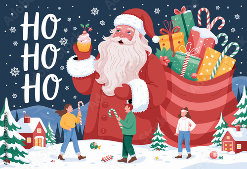 Schilderij op canvas A joyful winter landscape featuring Santa Claus, a plethora of gifts, and children celebrating the holiday season, encapsulating the spirit of Christmas and giving