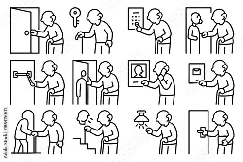 Vector chain entry lock icon secure elderly closing visitor package safety icons