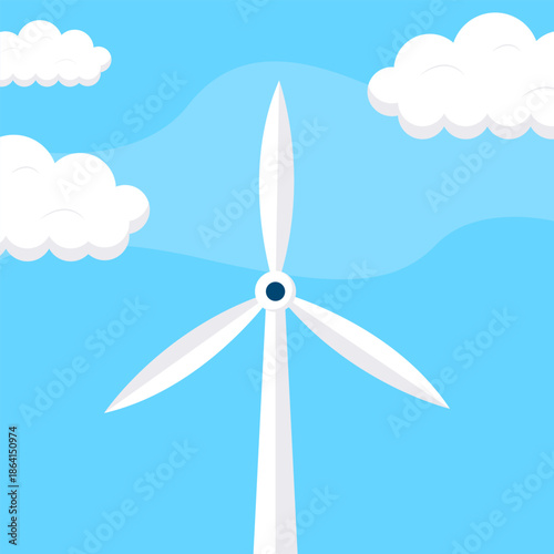 A white wind turbine with three blades stands against a bright blue sky with fluffy white clouds, representing renewable energy.