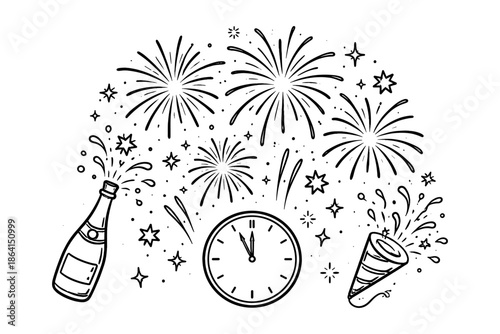 Festive celebration with fireworks and countdown elements in doodle art style