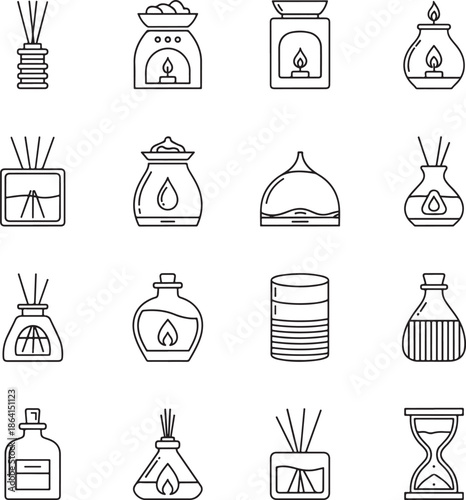 Aroma diffuser and essential oil bottle line art icons