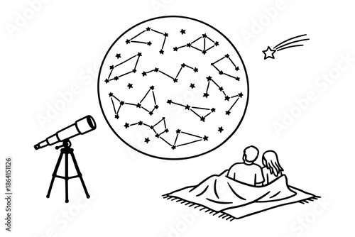 Couple stargazing and identifying star constellations in night sky line art
