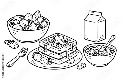 Delicious breakfast with waffles and fresh berries in black and white linear art