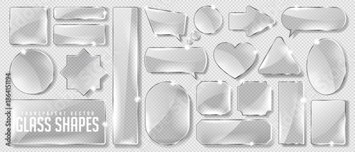 Realistic 3d transparent glass banner, frame, geometric pattern and hologram icon set with rainbow light. Crystal plastic mirror symbol of star, arrow, heart and speech bubble with holographic texture