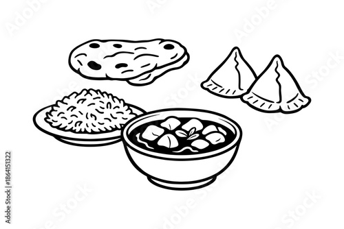 Traditional indian meal: rice, curry, naan, and samosas in black and white line art