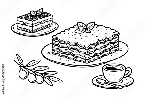 Monochrome italian cuisine: tiramisu, lasagna, olive branch, and coffee