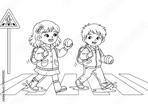 Educational Children's Coloring Book Page Featuring Happy Students Safely Using Pedestrian Crossing, Printable Vector Line Art for Engaging Activities