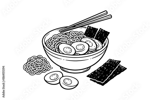 Hand drawn ramen bowl with chopsticks, eggs, and seaweed in monochrome style