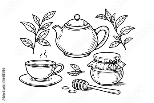 Hand drawn tea set with teapot, cup, jar of honey, and leaves